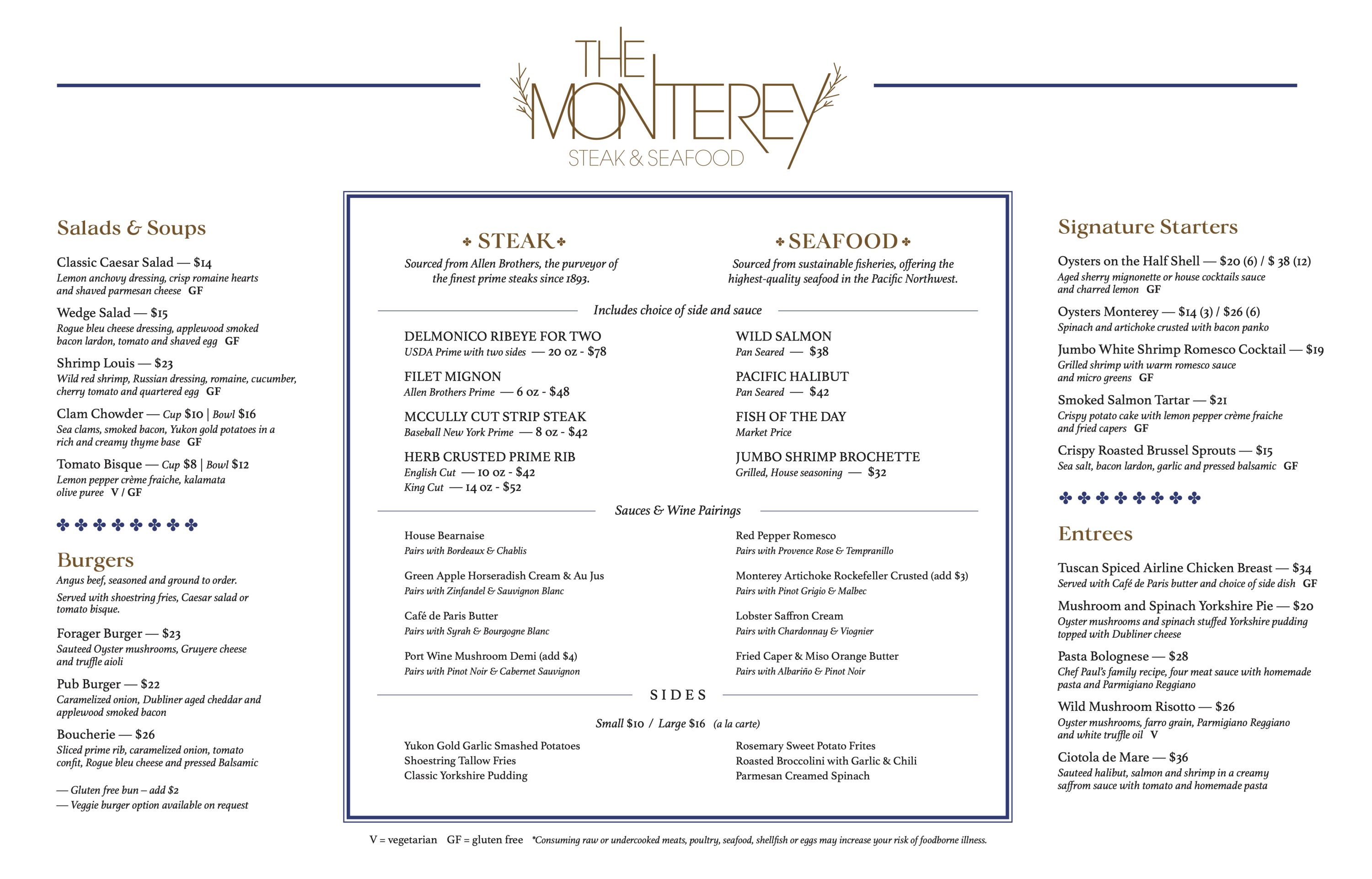 The Monterey Steak and Seafood Menu